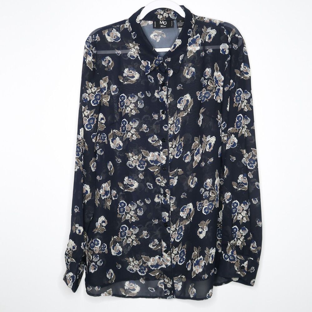 MG Women Button Up Blouse Plus Size 3X Blue Floral Artsy Sheer‎ Office Career